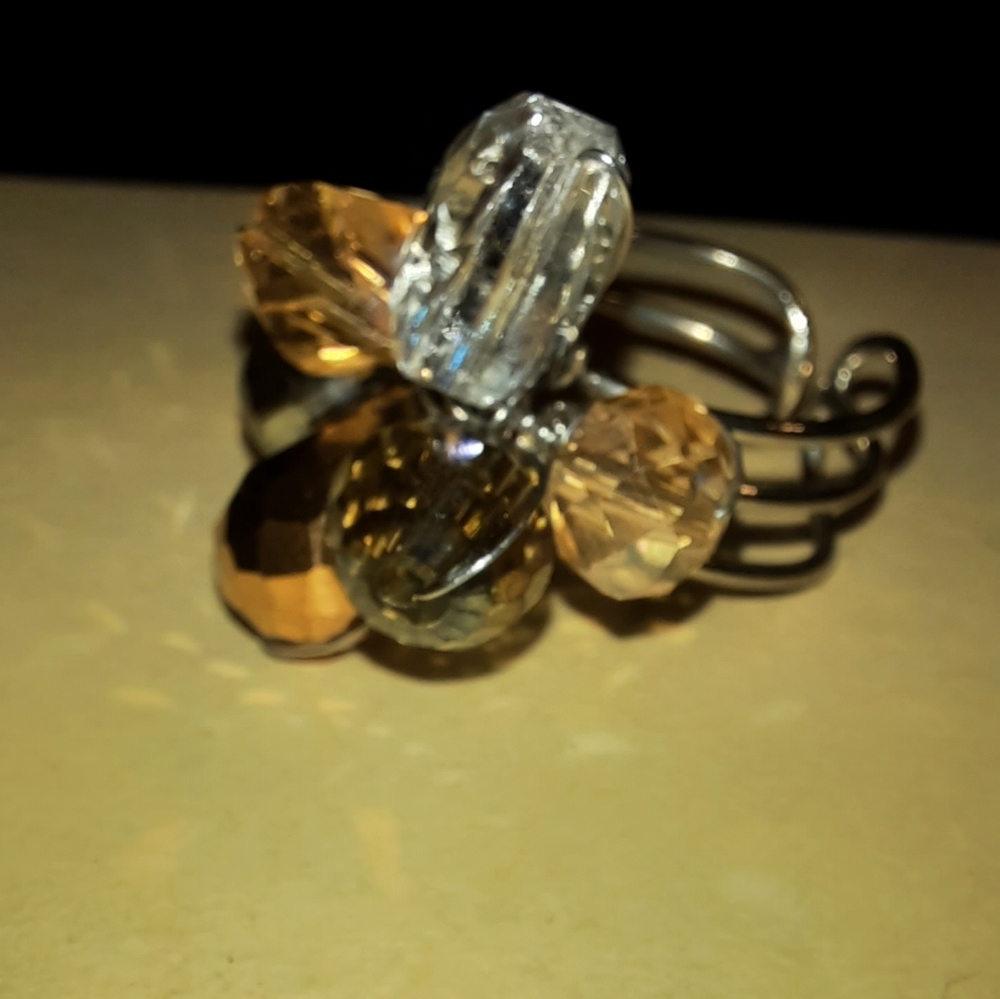 Crystal multicolor bead adjustable silvertone cocktail ring wire wrap abstract